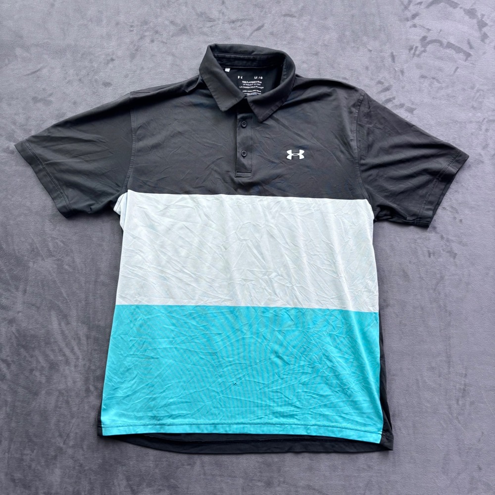 Under Armour Mens Playoff Polo Shirt Large Black White Teal Colorblock HeatGear